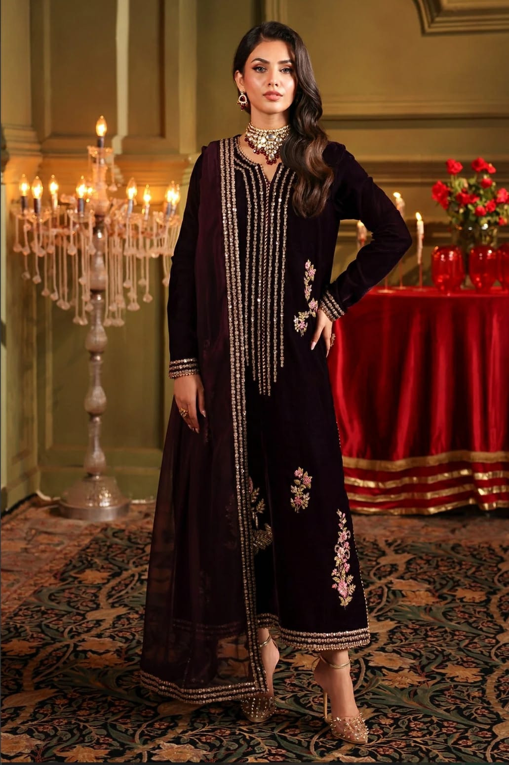 Luxury embroidered velvet dress for women with intricate handwork – Momin Fabric