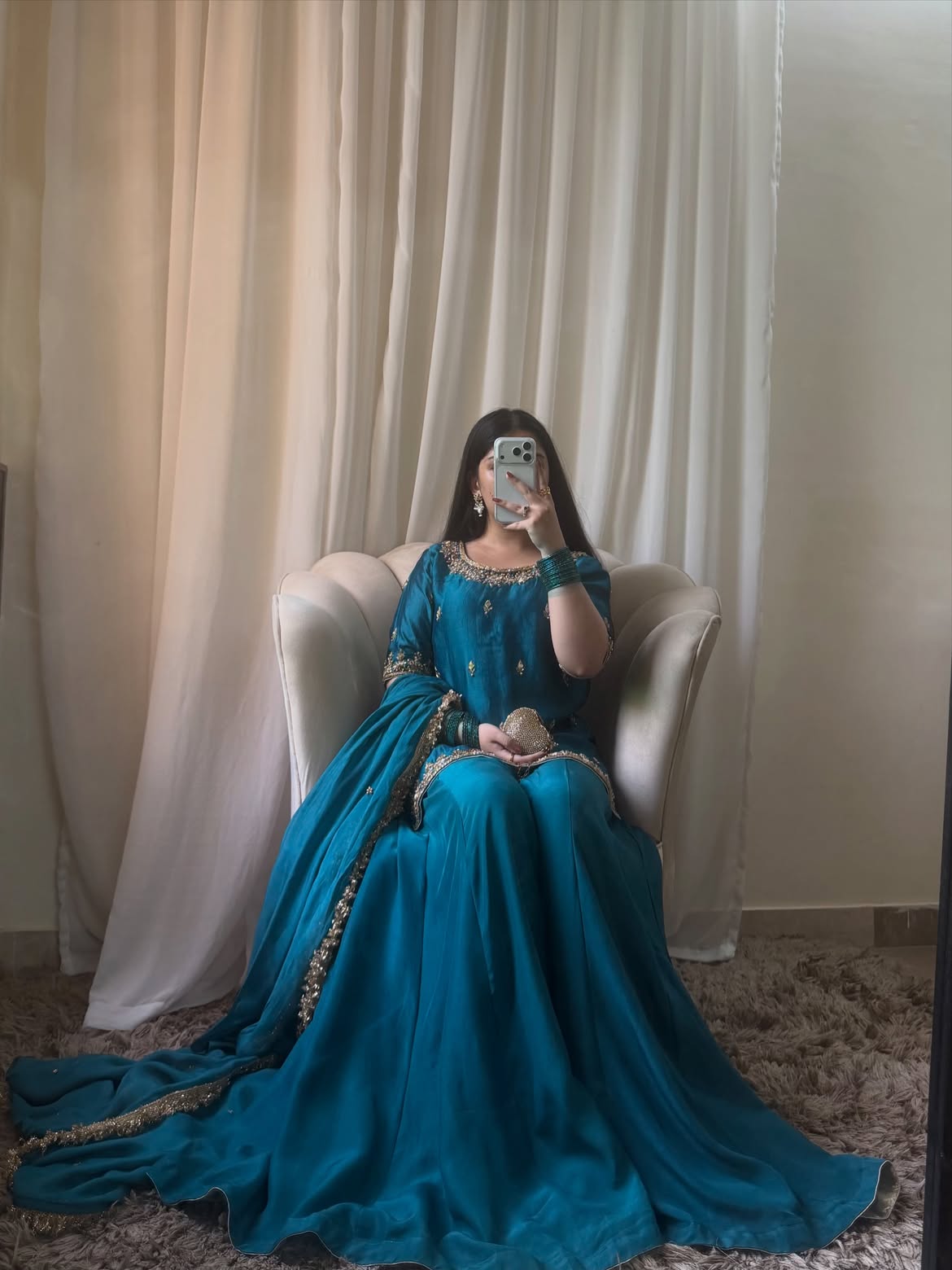 Teal blue Pakistani formal silk dress with elegant handwork – Momin Fabric Winter Collection