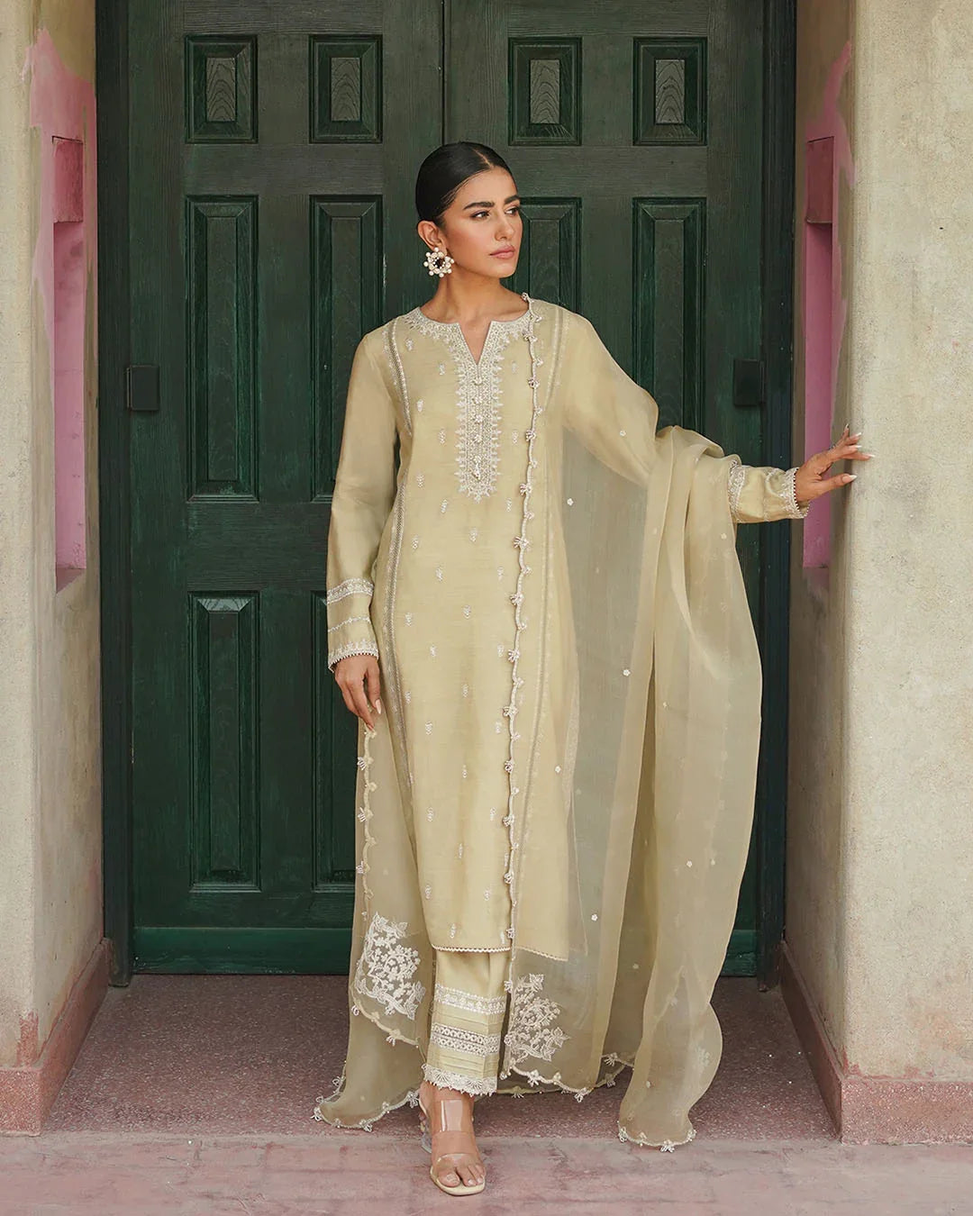 Beige embroidered Pakistani casual dress for women with matching trousers and dupatta – Momin Fabric