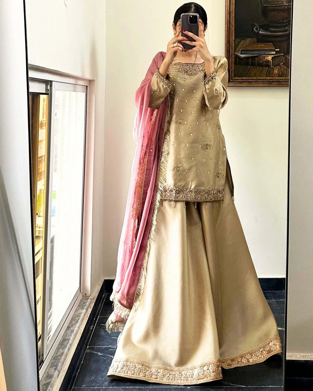 Handworked beige Pakistani 3-piece ladies suit with pink dupatta – Momin Fabric