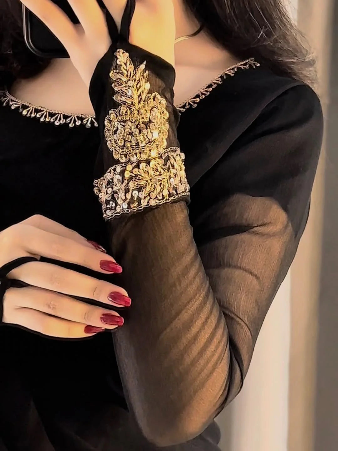 Royal Saree black chiffon blouse with gold hand embroidered cuffs and sheer sleeves – Momin Fabric